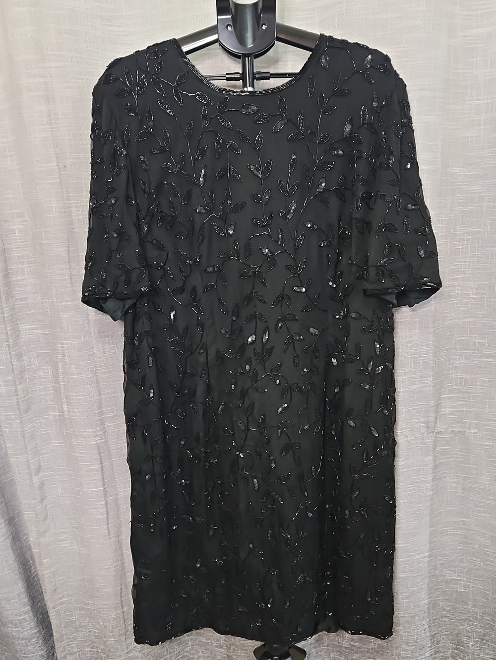 Vintage Lane Bryant Black Silk Beaded Sequin Cocktail Shift Dress